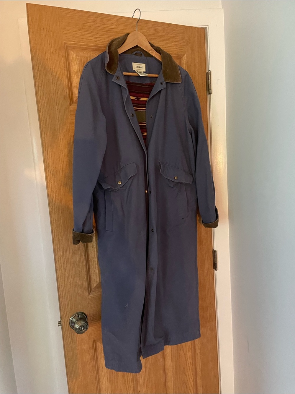 L.L. Bean Blue Canvas Trench with Brown Corduroy Collar - Picture 2 of 5